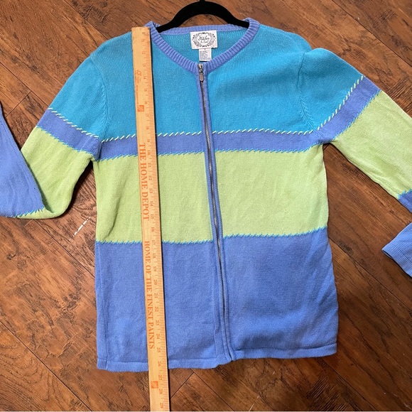 Stitches color block zip up knit sweater v neck long sleeve bright Sz small vntg - Picture 10 of 12